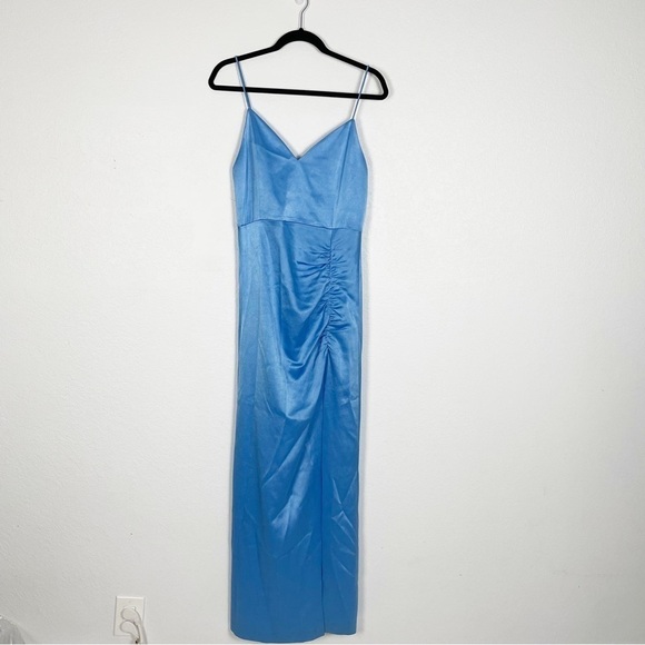 Alice & Olivia Diana Satin Ruched Satin Slit Maxi Dress Blue Formal Evening - Picture 4 of 15